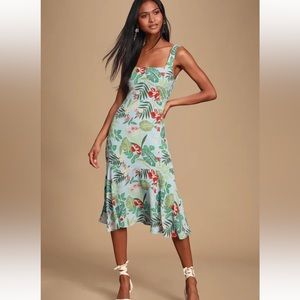 Lulus Women’s Floral Island Sun Light Blue Tropical Print Tie-Back Midi Dress